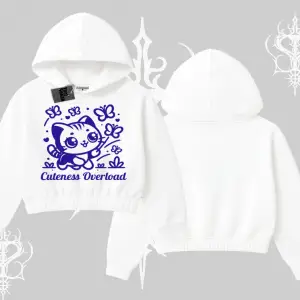 Stay Cool Kedi Baskılı Kapşonlu Crop Sweatshirt