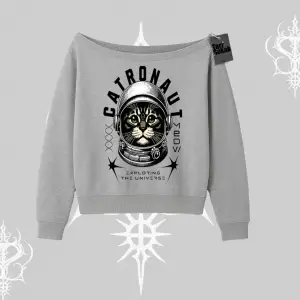 Stay Cool Kedi Baskılı Kayık Yaka Sweatshirt