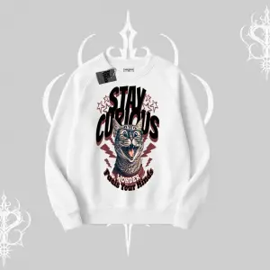 Stay Curious Kedi Baskılı Biskilet Sweatshirt