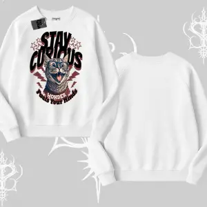 Stay Curious Kedi Baskılı Biskilet Sweatshirt