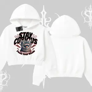 Stay Curious Kedi Baskılı Kapşonlu Crop Sweatshirt