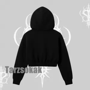 Stay Curious Kedi Baskılı Kapşonlu Crop Sweatshirt