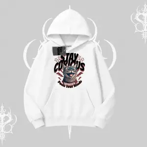 Stay Curious Kedi Baskılı Kapşonlu Sweatshirt