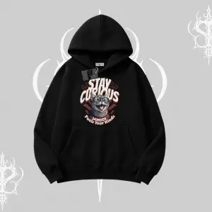 Stay Curious Kedi Baskılı Kapşonlu Sweatshirt