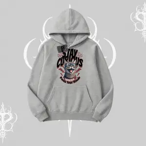 Stay Curious Kedi Baskılı Kapşonlu Sweatshirt