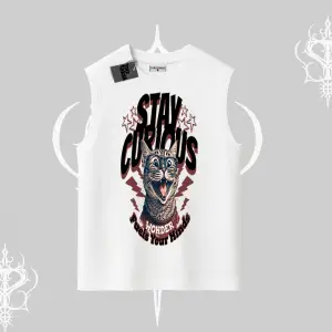 Stay Curious Kedi Baskılı Kolsuz Tshirt