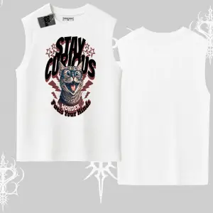 Stay Curious Kedi Baskılı Kolsuz Tshirt