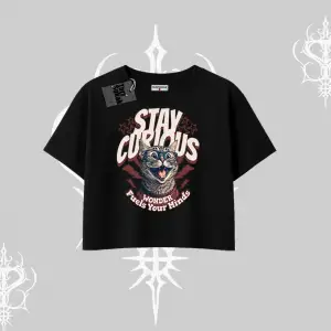 Stay Curious Kedi Baskılı Oversize Crop Tshirt