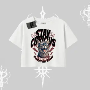 Stay Curious Kedi Baskılı Oversize Crop Tshirt