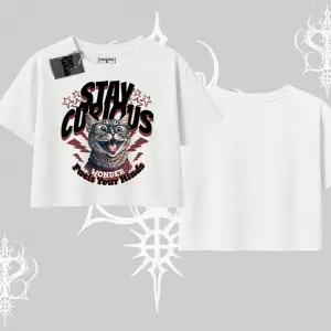 Stay Curious Kedi Baskılı Oversize Crop Tshirt