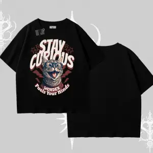 Stay Curious Kedi Baskılı Oversize Tshirt