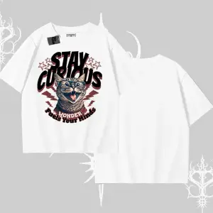 Stay Curious Kedi Baskılı Oversize Tshirt