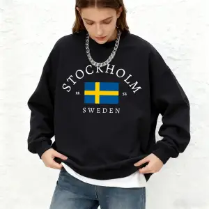 Stokholm İsveç Bayrağı Baskılı Kadın Sweatshirtleri Kışlık Yuvarlak Yaka Kapüşonlu Üstler Sıc