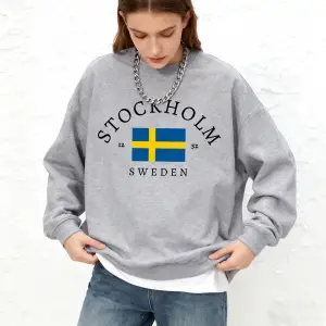 Stokholm İsveç Bayrağı Baskılı Kadın Sweatshirtleri Kışlık Yuvarlak Yaka Kapüşonlu Üstler Sıc