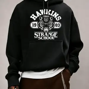 Strange School 1983 Baskılı Erkek Günlük Giyim Modası Bol Kapüşonlu Üstler Her Şeyle Uyumlu S