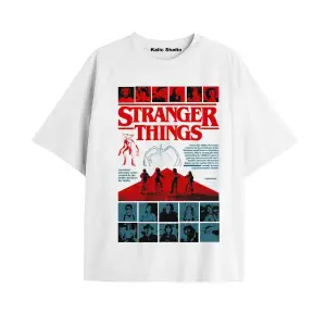 Stranger Things Baskılı oversize ünisex t-shirt beyaz