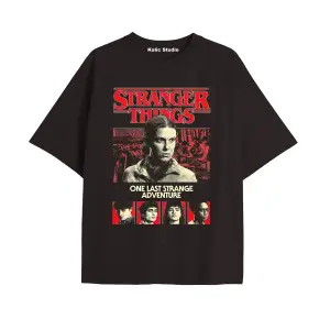 Stranger Things Baskılı oversize ünisex t-shirt siyah