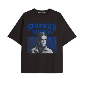 Stranger Things Baskılı oversize ünisex t-shirt siyah