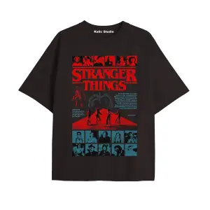 Stranger Things Baskılı oversize ünisex t-shirt siyah