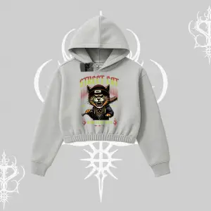 Street Cat Kedi Baskılı Kapşonlu Crop Sweatshirt