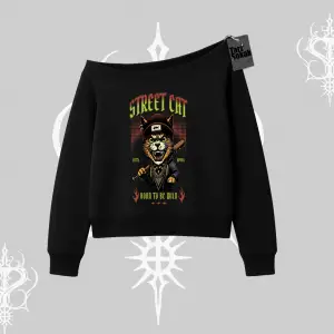 Street Cat Kedi Baskılı Kayık Yaka Sweatshirt