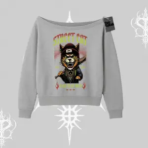 Street Cat Kedi Baskılı Kayık Yaka Sweatshirt