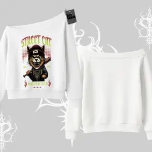 Street Cat Kedi Baskılı Kayık Yaka Sweatshirt