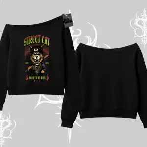 Street Cat Kedi Baskılı Kayık Yaka Sweatshirt