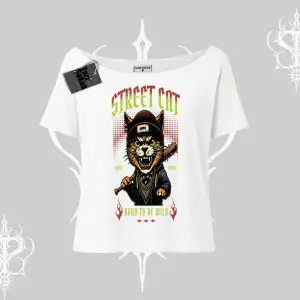 Street Cat Kedi Baskılı Kayık Yaka Tshirt