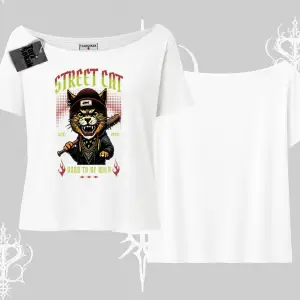 Street Cat Kedi Baskılı Kayık Yaka Tshirt