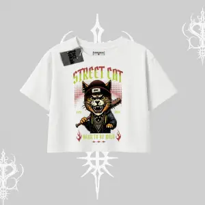 Street Cat Kedi Baskılı Oversize Crop Tshirt