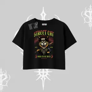 Street Cat Kedi Baskılı Oversize Crop Tshirt