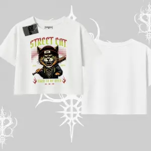 Street Cat Kedi Baskılı Oversize Crop Tshirt