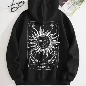 Sun & Moon Print Zip Up Drawstring Lined Hoodie Siyah