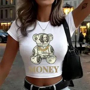 Süper Zengin Karikatür Ayı Baskılar Bayan Kırpma Üstleri Yaz Yumuşak Yüksek Elastik Tişörtler