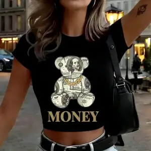 Süper Zengin Karikatür Ayı Baskılar Bayan Kırpma Üstleri Yaz Yumuşak Yüksek Elastik Tişörtler