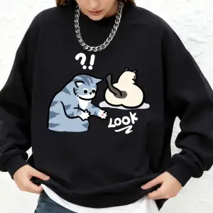 Şüpheli Karikatür Kedi Baskılı Sweatshirt Kadın Günlük Jogger Sıcak Kapüşonlu Sweatshirt Yuva