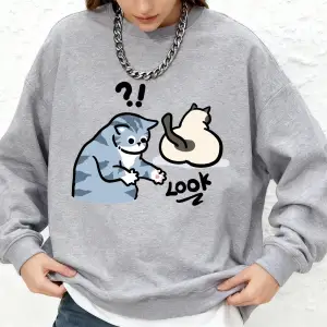 Şüpheli Karikatür Kedi Baskılı Sweatshirt Kadın Günlük Jogger Sıcak Kapüşonlu Sweatshirt Yuva