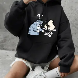 Şüpheli Karikatür Kedi Baskılı Tişörtü Kadın Temelleri Bisiklet Yaka Kapüşonlular Rahat Gevşe