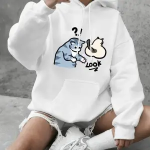 Şüpheli Karikatür Kedi Baskılı Tişörtü Kadın Temelleri Bisiklet Yaka Kapüşonlular Rahat Gevşe