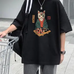 Sushi Cat Siyah Unisex Oversize