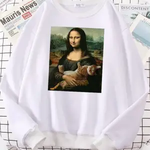 T shirt Mona Lisa sarılma kedi Kawaii kadın Hoodies moda rahat Hoodie boy gevşek tişörtü sıca