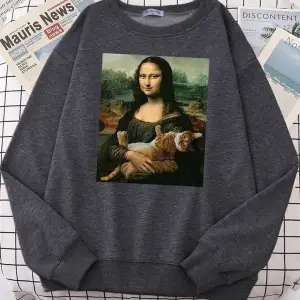 T shirt Mona Lisa sarılma kedi Kawaii kadın Hoodies moda rahat Hoodie boy gevşek tişörtü sıca