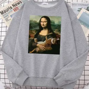 T shirt Mona Lisa sarılma kedi Kawaii kadın Hoodies moda rahat Hoodie boy gevşek tişörtü sıca