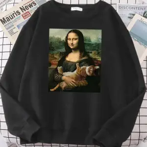 T shirt Mona Lisa sarılma kedi Kawaii kadın Hoodies moda rahat Hoodie boy gevşek tişörtü sıca