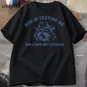 Tanrı Bana Test Ediyor Komik Rakun T-shirt Erkekler Kadınlar için Baskılı Gevşek Rahat Rahat 3076