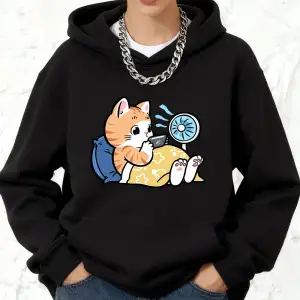 Telefonla Oynayan Tembel Kedi Baskılı Kapüşonlular Pamuk Kadın Koşu Cep Üstleri Sportif Gevşe