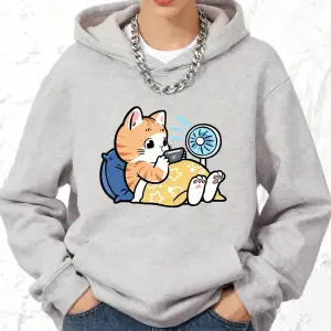 Telefonla Oynayan Tembel Kedi Baskılı Kapüşonlular Pamuk Kadın Koşu Cep Üstleri Sportif Gevşe