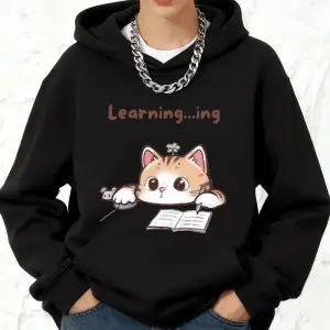 Tembel Çalışan Kedi Yaratıcı Baskılı Pamuklu Kapüşonlu Üstler Kadınlar İçin Kışlık Polar Sıca