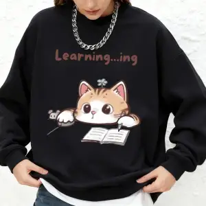 Tembel Çalışan Kedi Yaratıcı Baskılı Sweatshirt Kadın Sonbahar Yuvarlak Yaka Büyük Beden Kapü